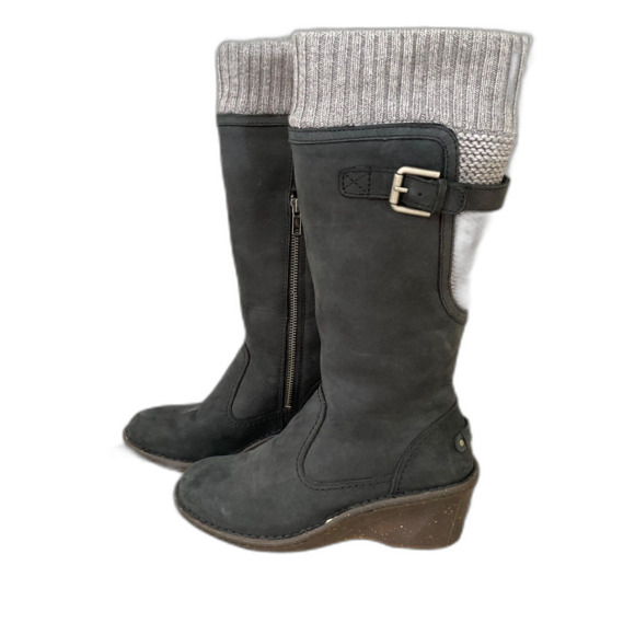 Ugg Skyfall Boots Women's Size 6 black gray leather wool  /sock Buckle wedge - Picture 1 of 13